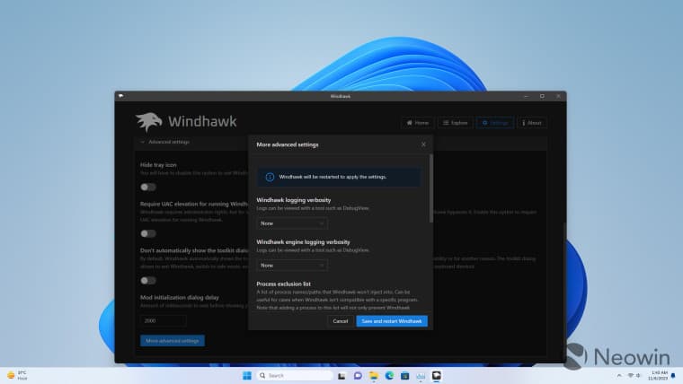 Windhawk που εκτελείται σε Windows 11