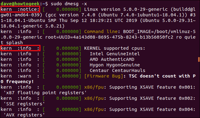 Έξοδος από sudo dmesg -x σε παράθυρο τερματικού
