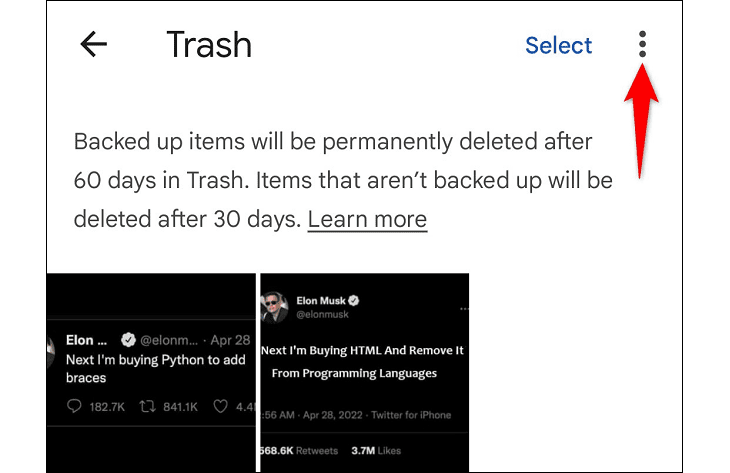 Στιγμιότυπο οθόνης του κάδου των Φωτογραφιών Google, στιγμιότυπο οθόνης που δείχνει στο εικονίδιο μενού