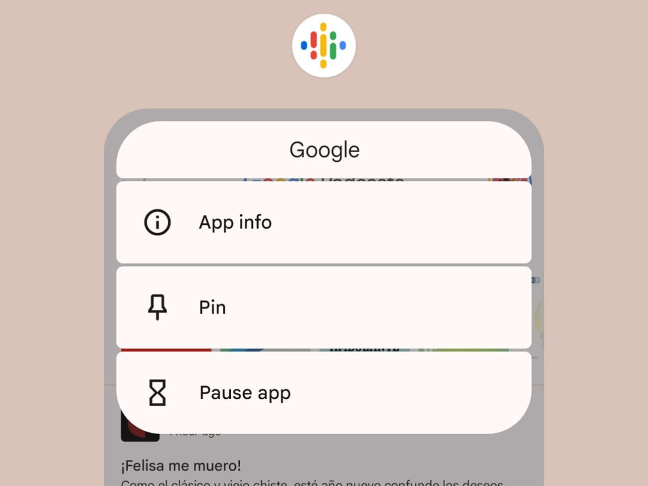 Android's app carrousel with app pinning options open.