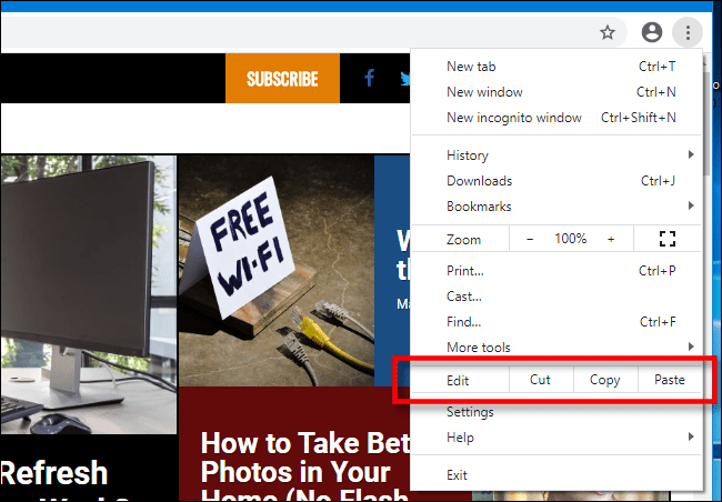 Αντιγραφή, Αποκοπή και Επικόλληση στο Μενού του Chrome