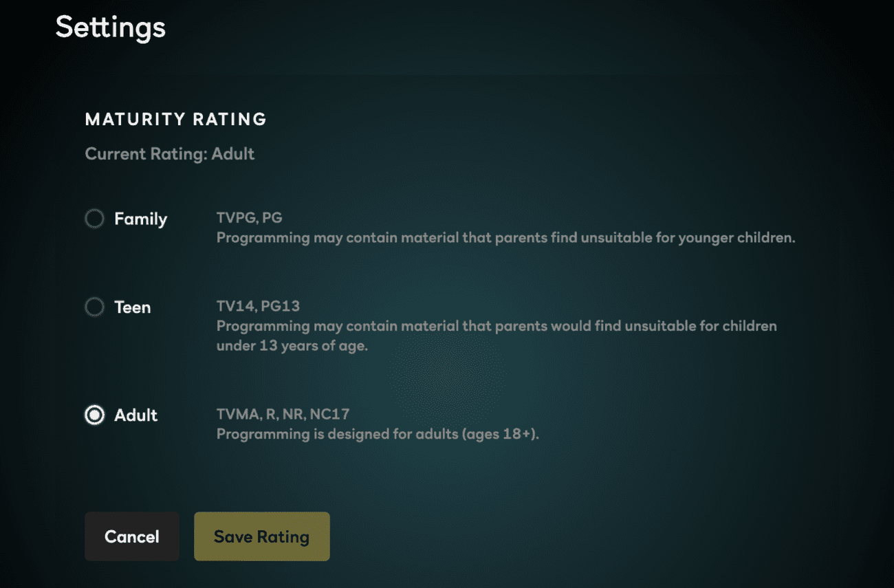 Maturity rating setting on Peacock