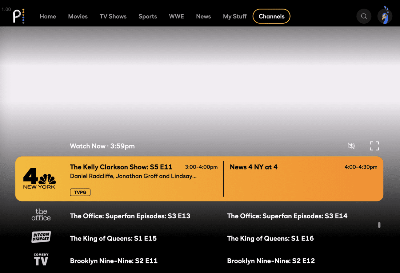 Channels section of Peacock