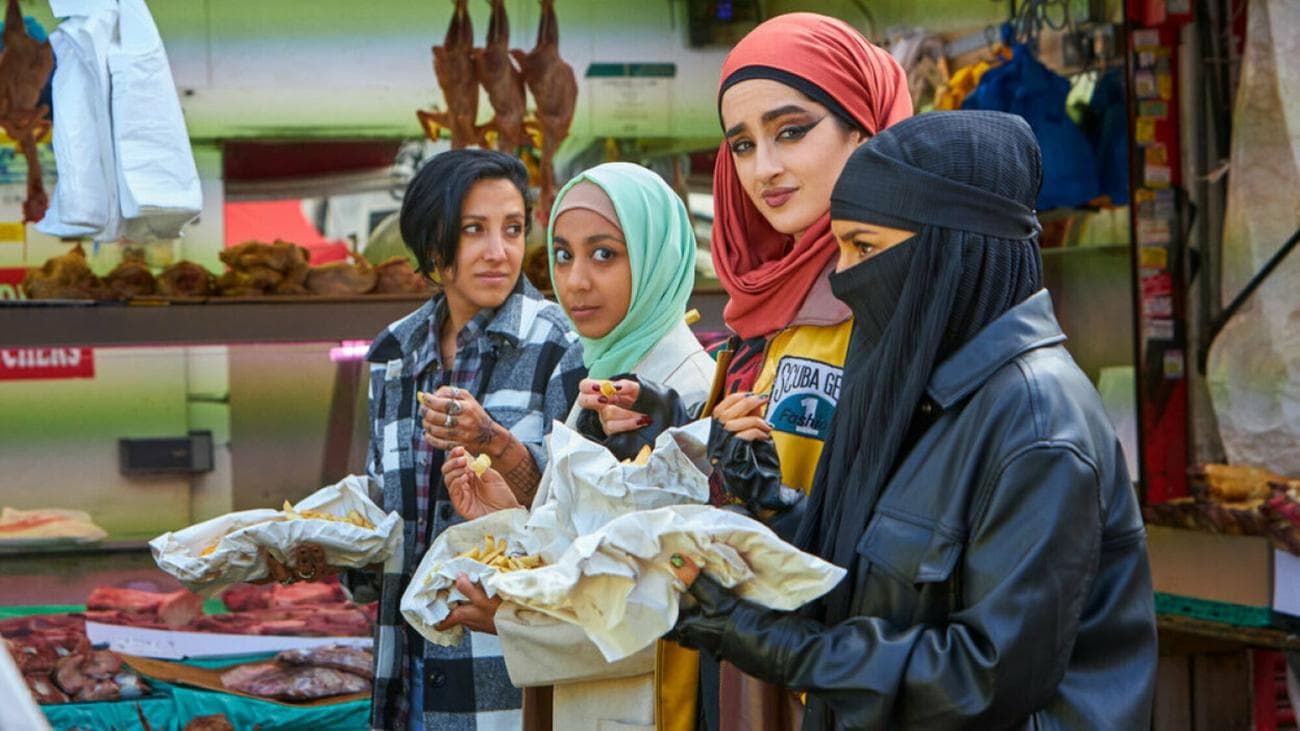 Sarah Kameela Impey, Anjana Vasan, Juliette Motamed, and Lucie Shorthouse as an all-female Muslim punk band in 