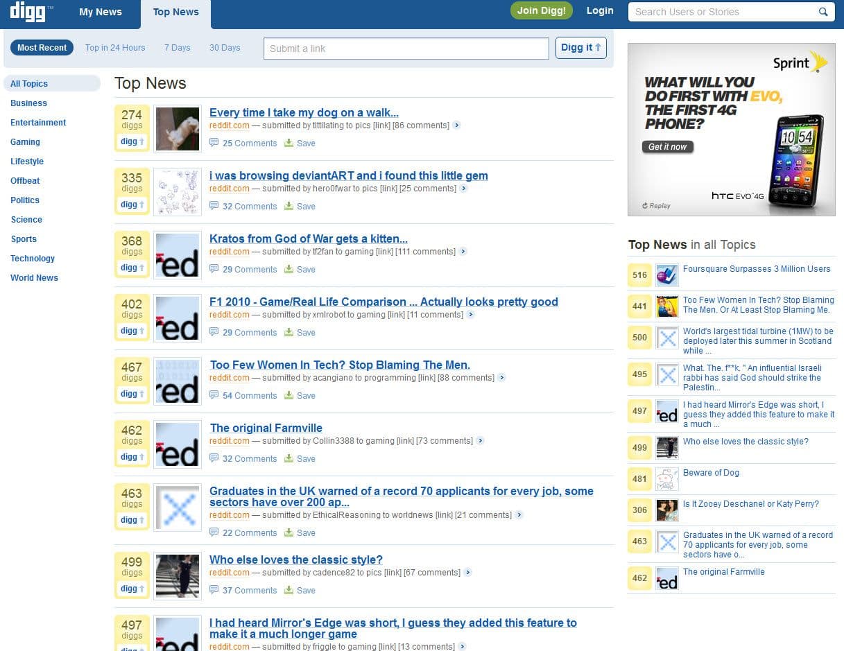 Digg v4 πρωτοσέλιδο