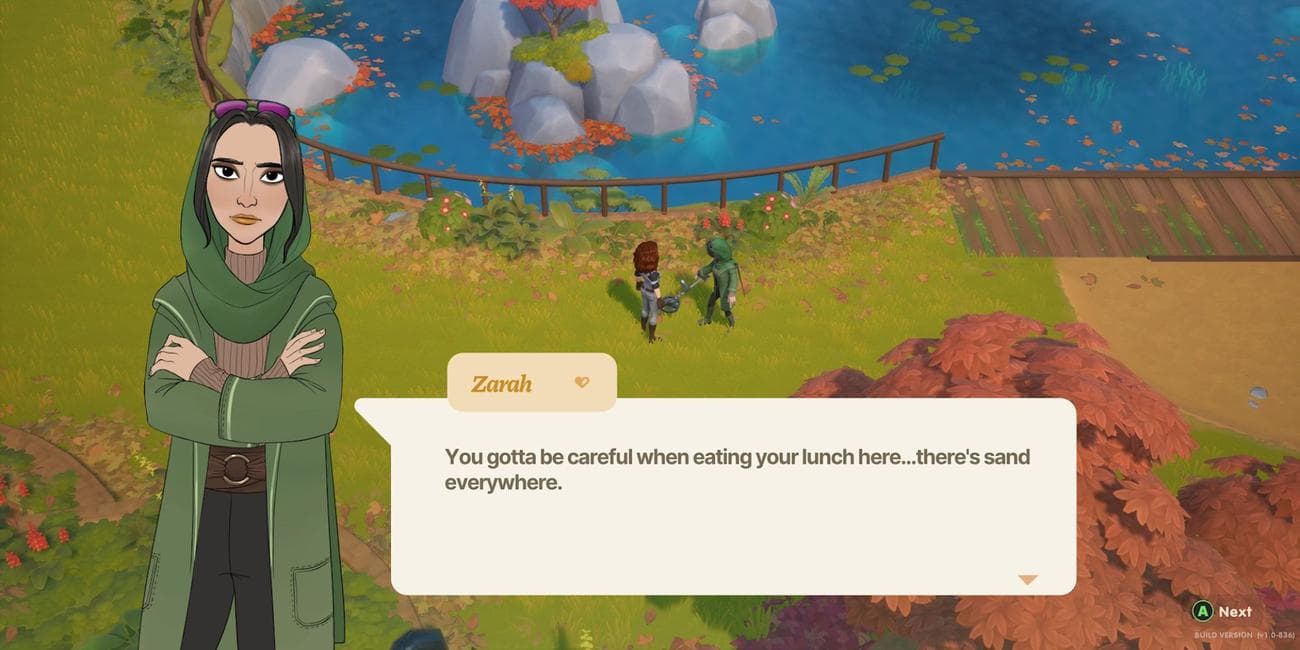 Ο Zarah ψάχνει με έναν ανιχνευτή μετάλλων δίπλα στη λίμνη στο Coral Island