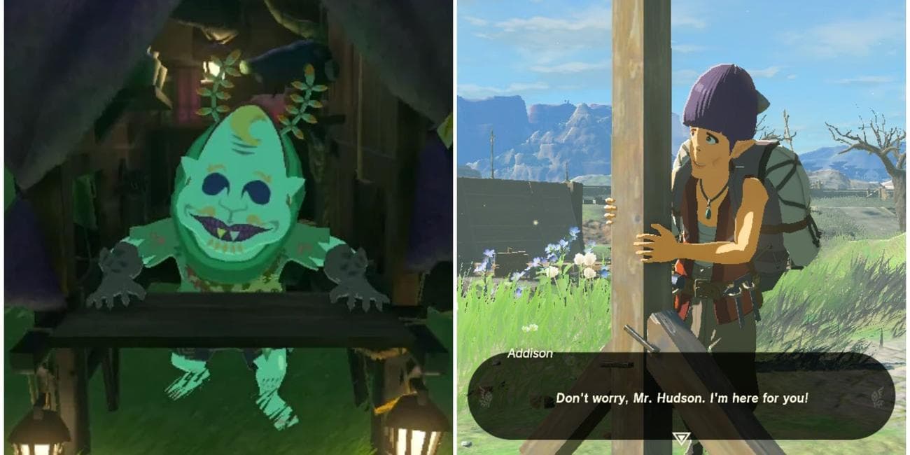 Tears of the Kingdom's Koltin -ένας βρωμερός άντρας με μωβ μακιγιάζ στα μάτια- δίπλα στον Addison - ένας νευρικός νεαρός άνδρας με κομμένο μπολ