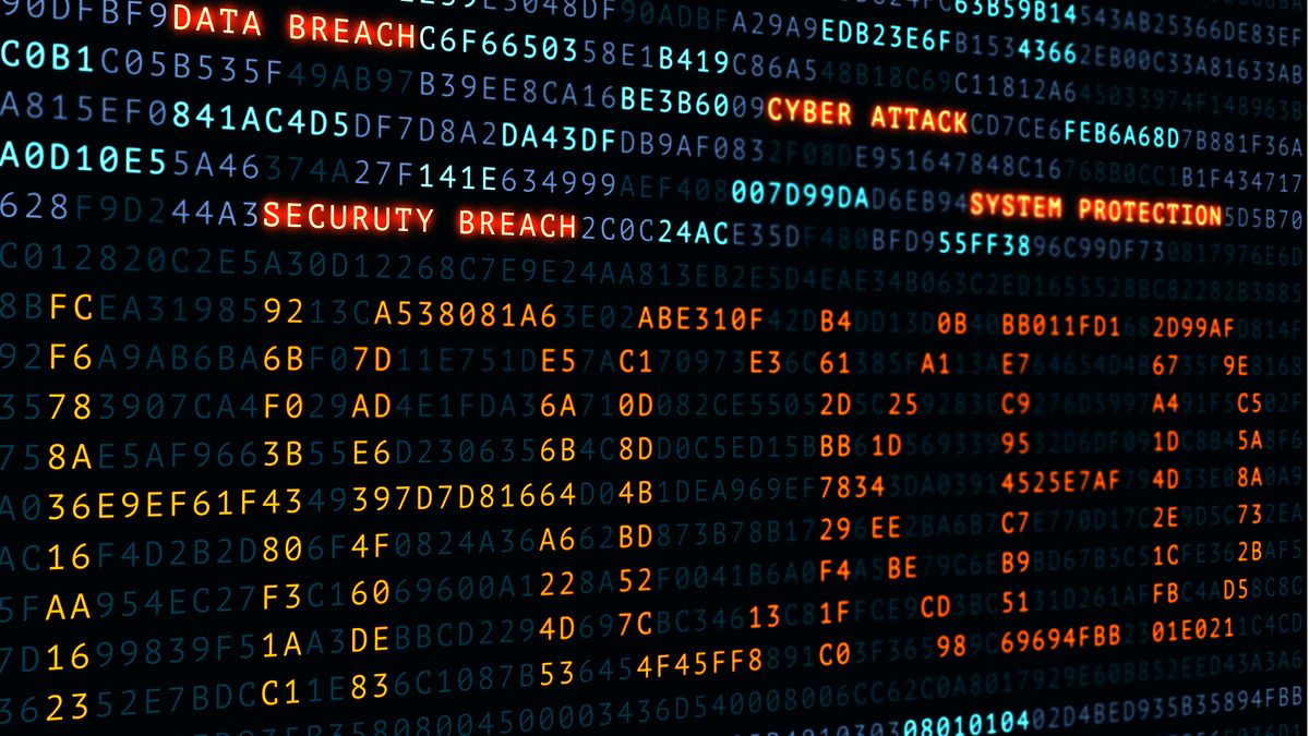 cyber, attack, hacked word on screen binary code display, hacker