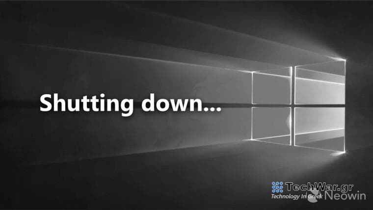 Windows 10 logo on gray with a text saying Shutting down
