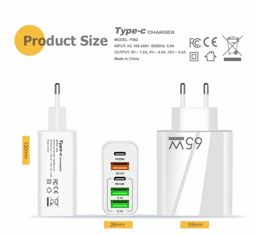 F002 - Ταχυφορτιστής 65W με 5 θύρες στα 6,8€!!