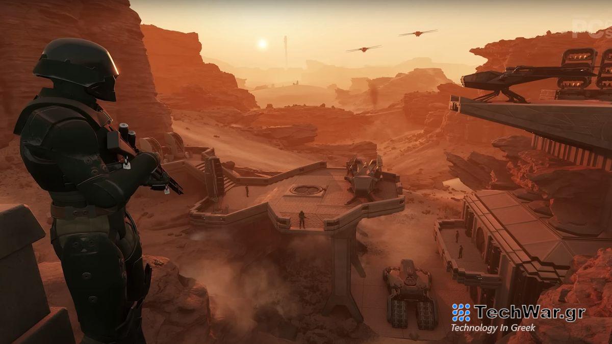 Soldiers stand and watch In a desert fortress while tanks drive below