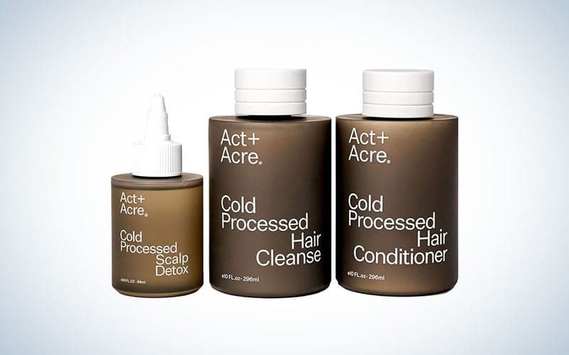 A cold processed hair cleanse set from Act+Acre on a plain background
