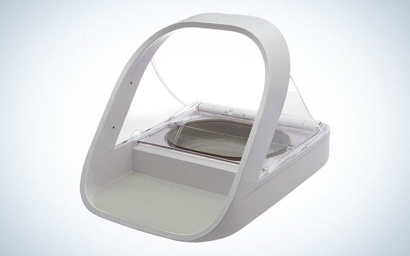 A Sure Petcare microchip automatic pet feeder on a plain background.