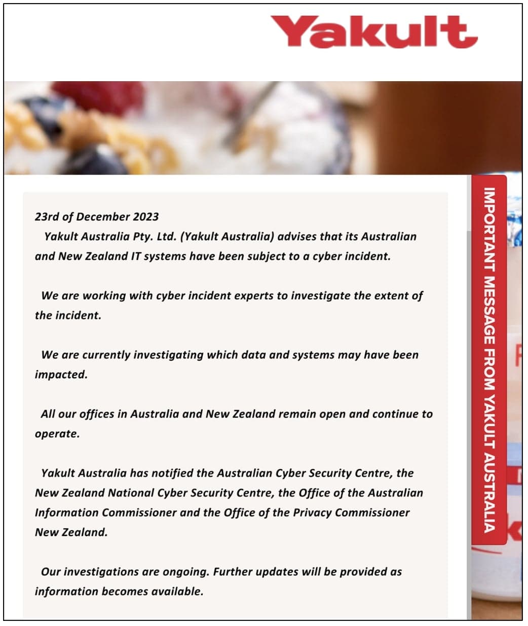 Η Yakult Australia επιβεβαιώνει «κυβερνο περιστατικό» μετά από διαρροή δεδομένων 95 GB, Η Yakult Australia επιβεβαιώνει «κυβερνο περιστατικό» μετά από διαρροή δεδομένων 95 GB, TechWar.gr