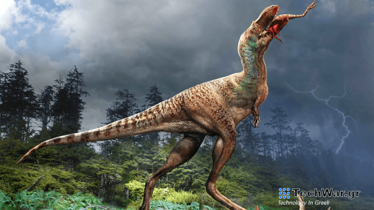 An illustration of a tall two-legged dinosaur called Gorgosaurus libratus eating a small bird-like dinosaur called Citipes elegans. The smaller dinosaur's legs are still visible as the Gorgosaurus swallows the Citipes.