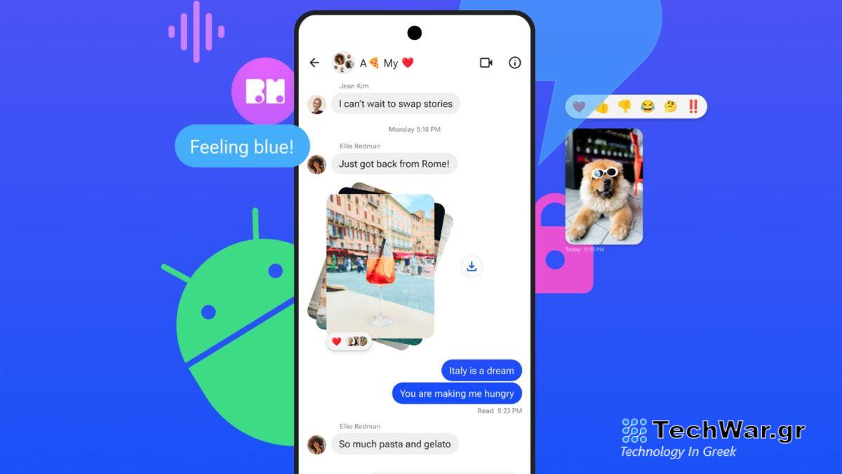 The Beeper Mini app on a phone showing messages and images from iMessage. A little android robot hides behind the phone with a chat bubble saying