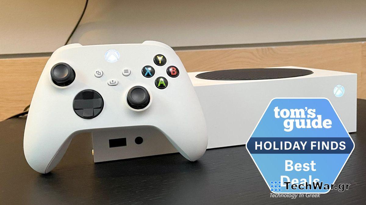 Xbox controller shown leaning on Xbox Series S console