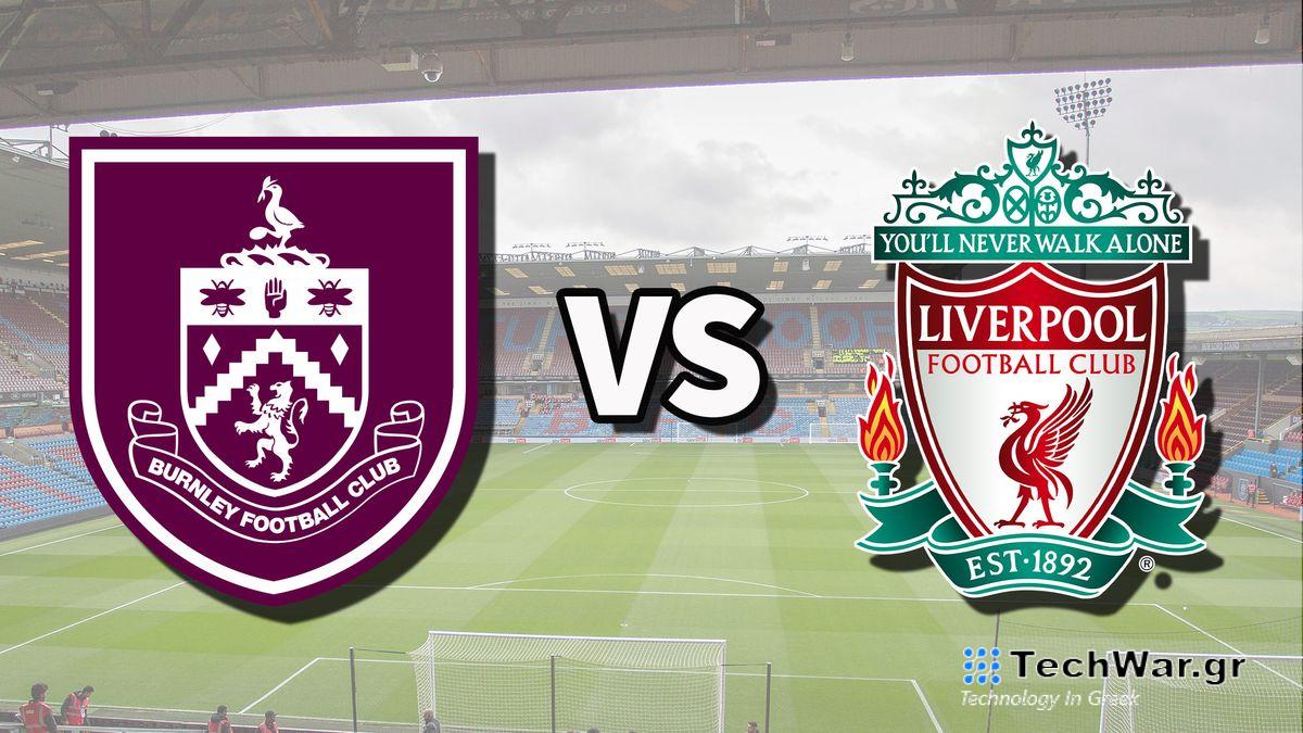 The Burnley and Liverpool club badges on top of a photo of Turf Moor stadium in Burnley, England