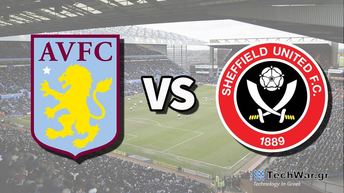The Aston Villa and Sheffield United club badges on top of a photo of Villa Park stadium in Birmingham, England