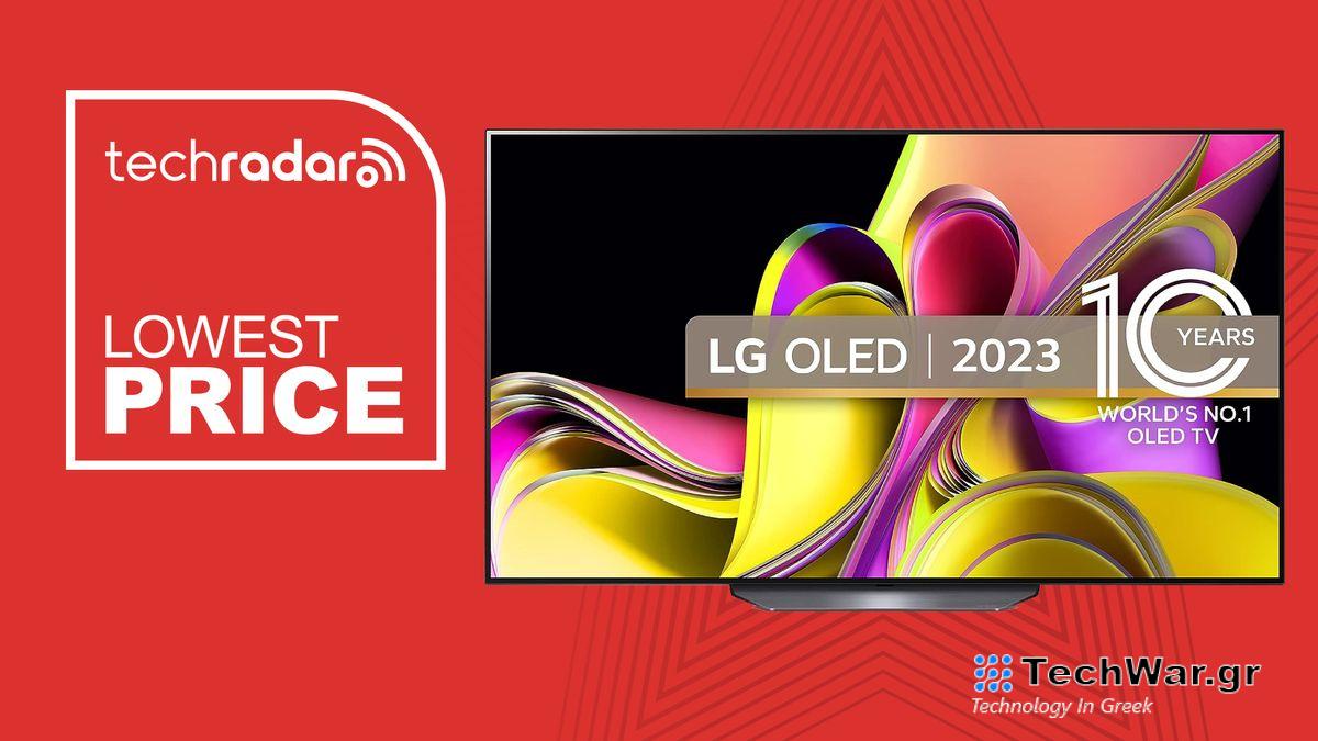 LG B3 OLED TV spotlight image on red background