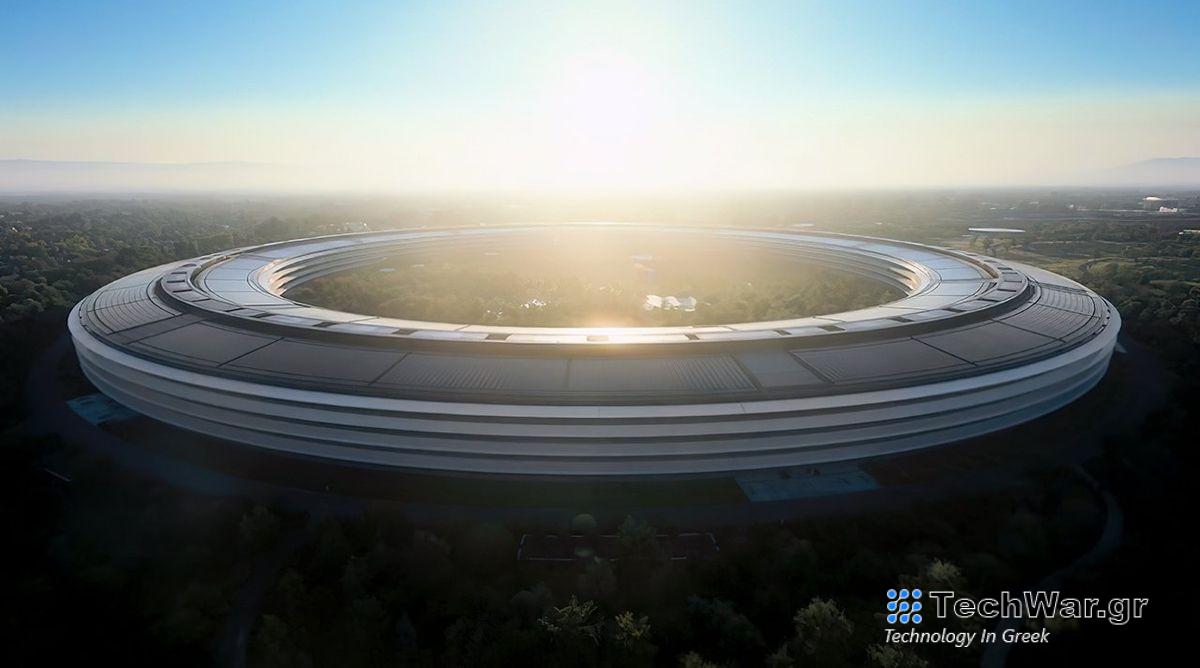 Apple Park shining in the sun with blue sky