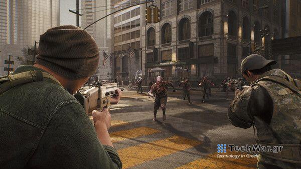 Characters shooting zombies