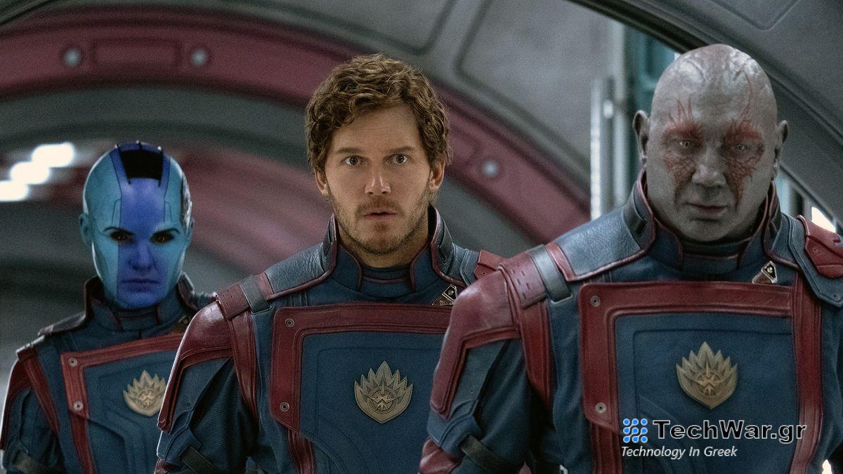 (L-R): Karen Gillan as Nebula, Chris Pratt as Peter Quill/Star-Lord, and Dave Bautista as Drax in Marvel Studios