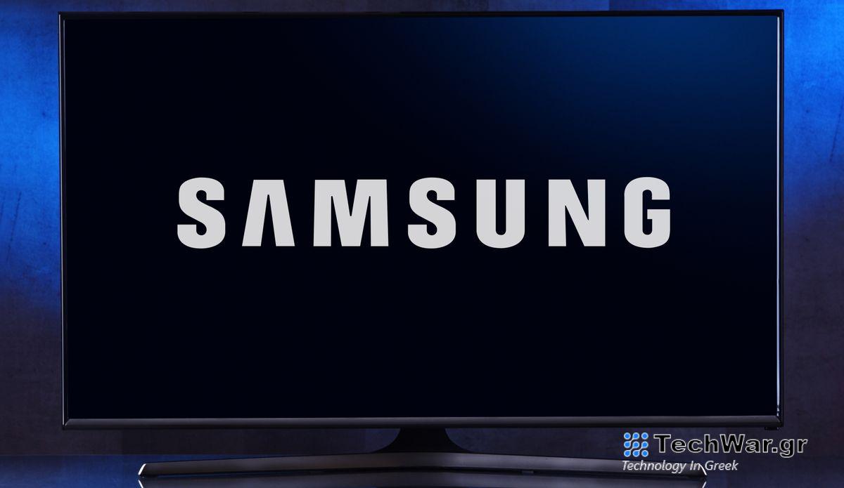 A Samsung TV on a blue background.
