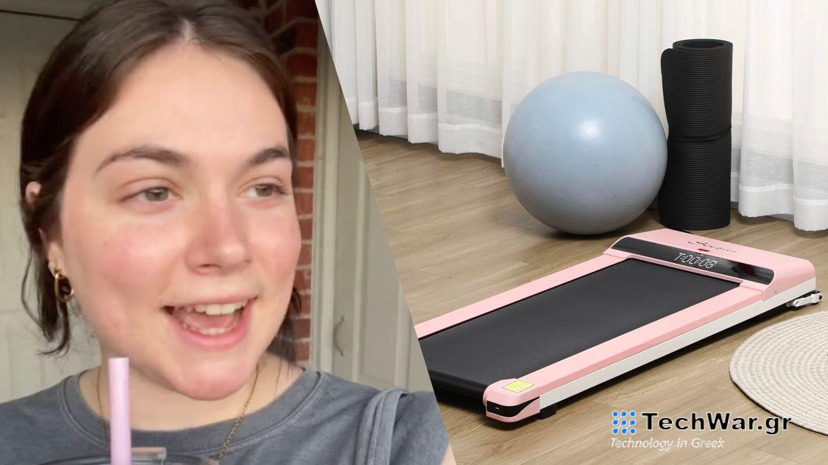 Hope Zuckerbrown on TikTok for Cozy Cardio video next to Soozier treadmill