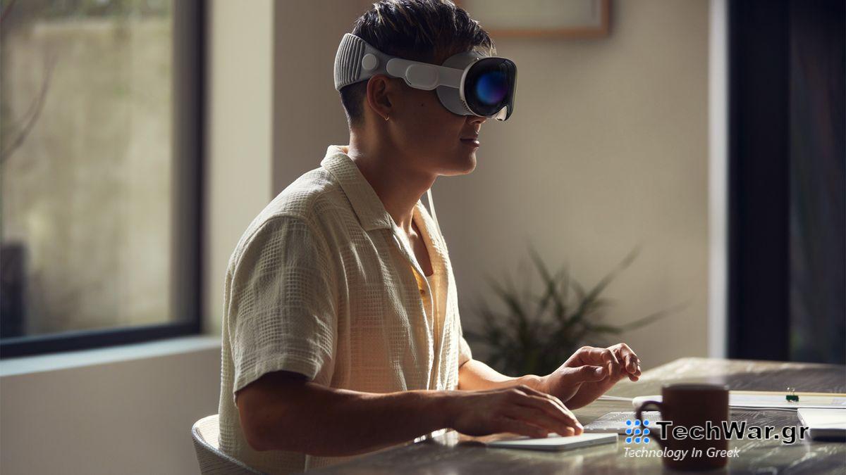 A man wearing the Apple Vision Pro headset