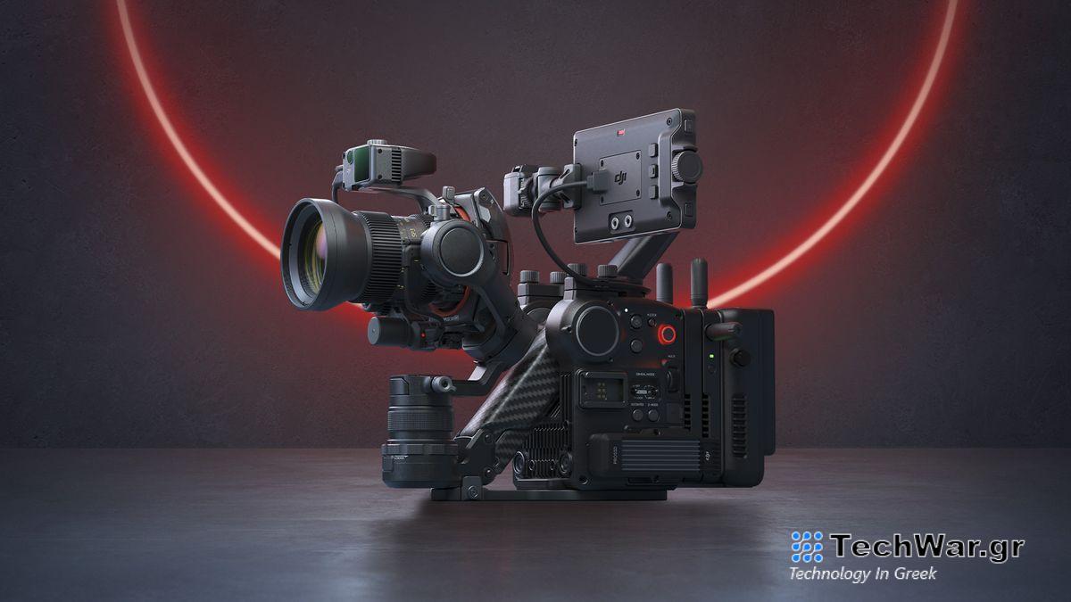 DJI Ronin 4D-8K camera in a moody blue-lit studio with red light background