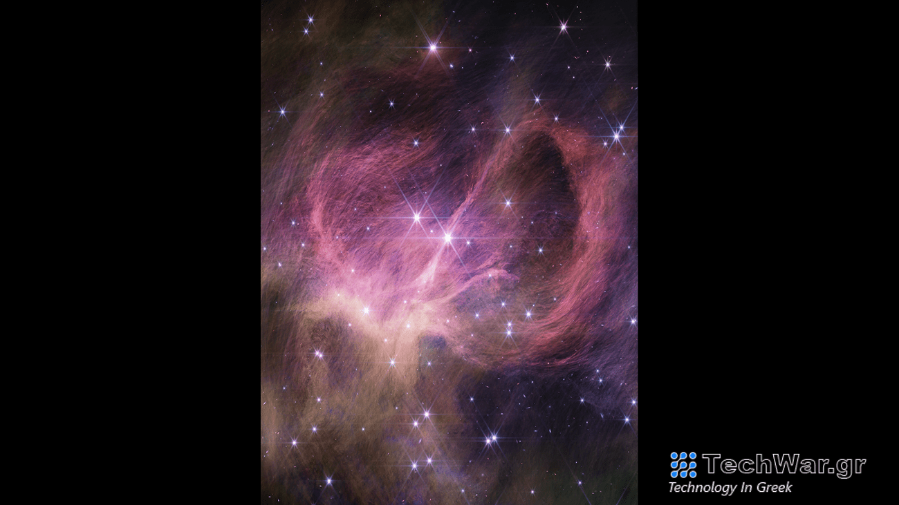 This image from the Near-Infrared Camera instrument on the James Webb Space Telescope shows the central portion of the star cluster IC 348. The wispy curtains filling the image are interstellar material reflecting the light from the cluster’s stars. The bright star closest to the center of the frame is actually a pair of type B stars in a binary system, which are the most massive stars in the cluster. Winds from these stars may help sculpt the large loop seen on the right side of the field of view.