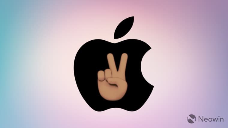 An Apple logo with a brown thumbs up emoji on a pink background