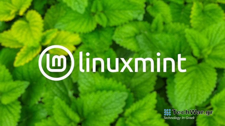 The Linux Mint logo in front of mint leaves