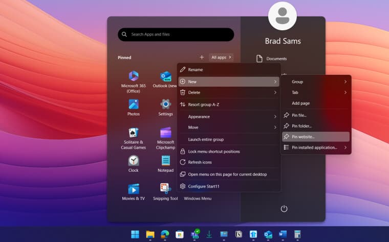 Start11 με δυνατότητα καρφιτσώματος ιστοσελίδων στο μενού Έναρξη