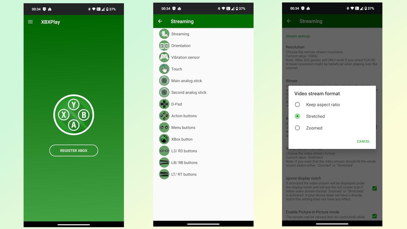 Στιγμιότυπα οθόνης που δείχνουν πώς να αλλάξετε την αναλογία διαστάσεων στην εφαρμογή XBXPlay