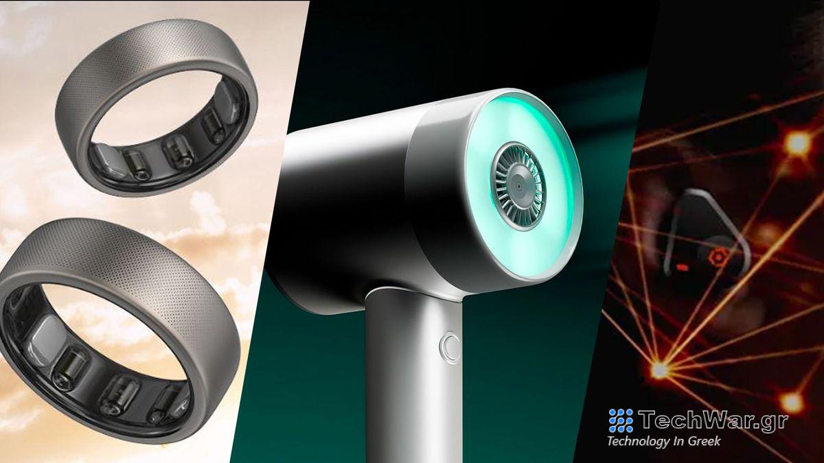 Two smart rings, a Loreal hairdryer and some neural headphones in an ear