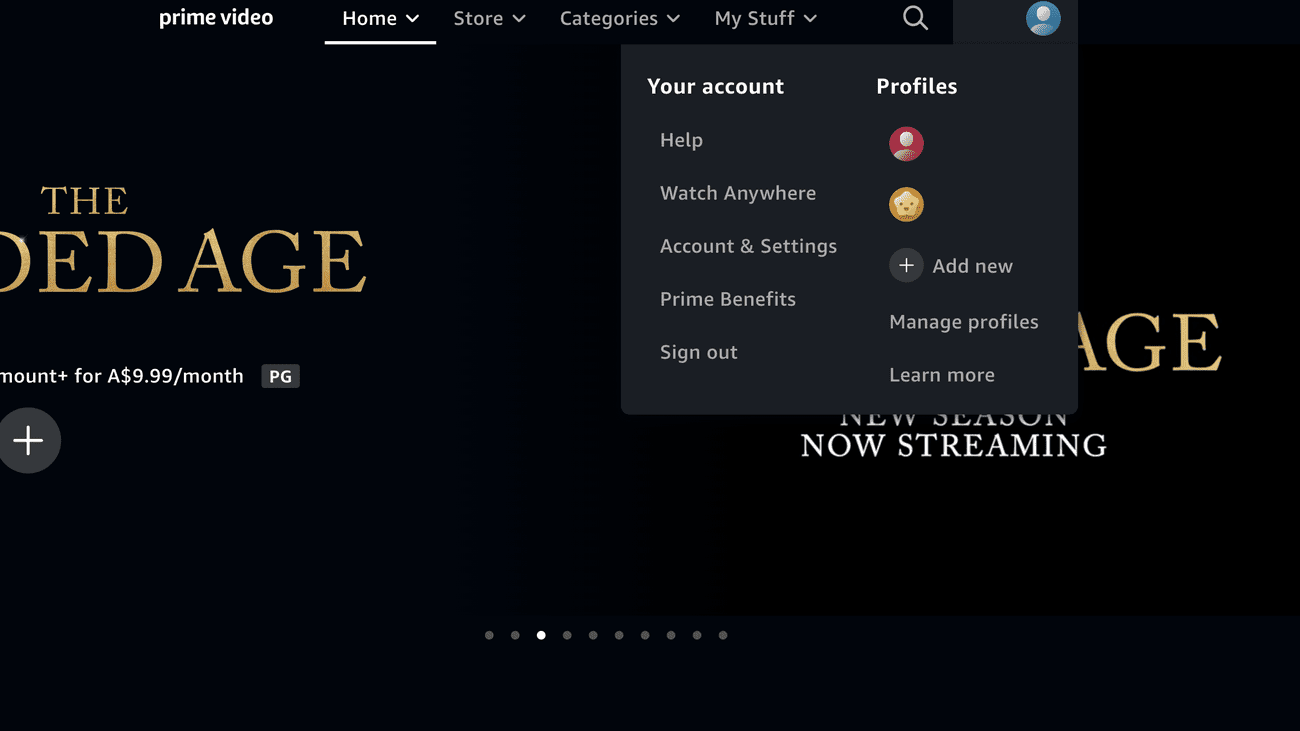 Στιγμιότυπο οθόνης του μενού Prime Video