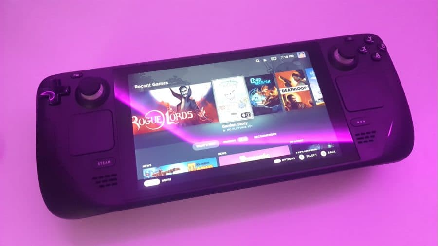 A purple light glares on the Steam Deck screen