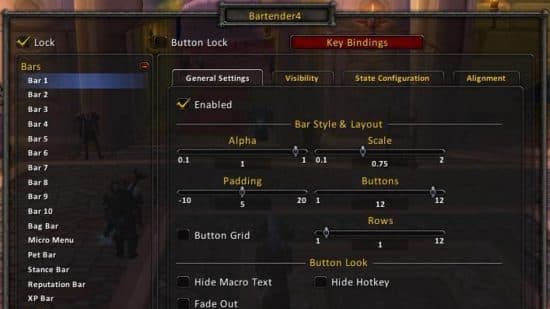 Best WoW addons 2022: The Bartender 4 mod settings, showing the number of bars it affects and the general settings, visibility, configuration, and alignment of each one.