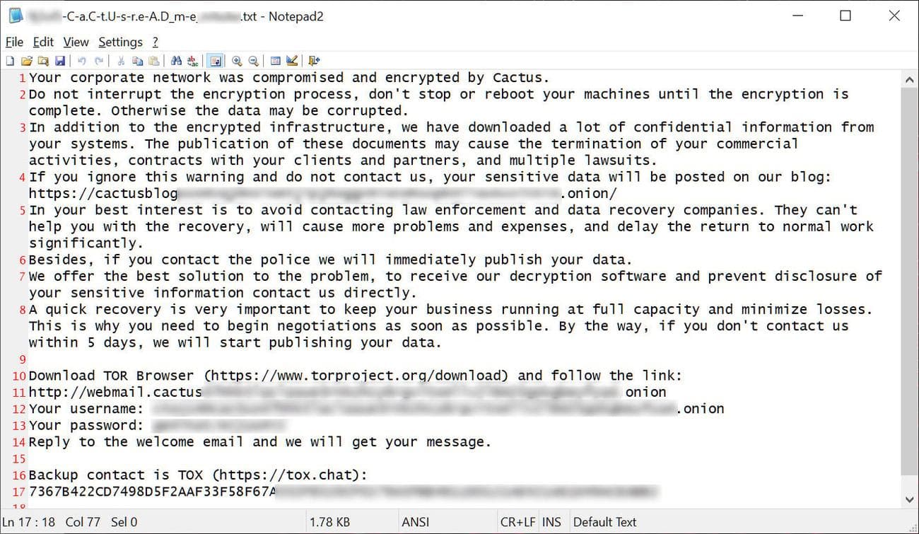 Παράδειγμα σημείωμα λύτρων για κάκτους από διαφορετική επίθεση