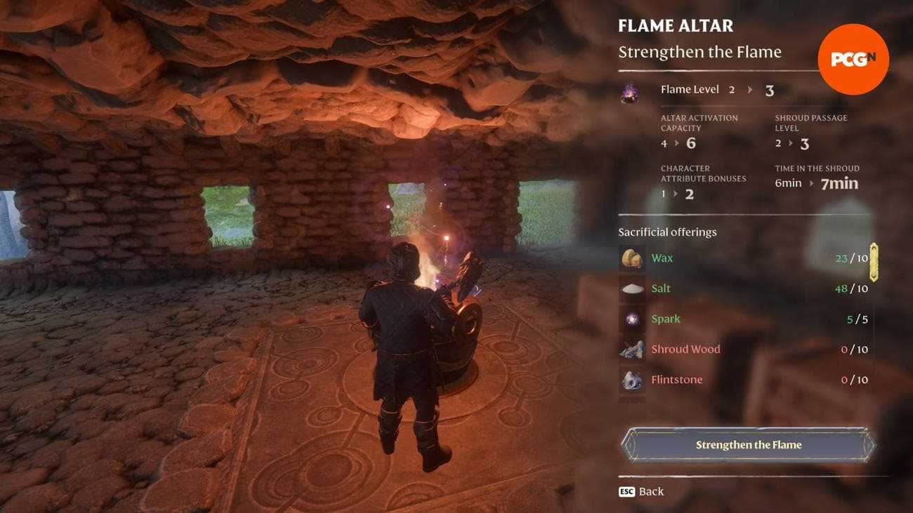 Οι απαιτήσεις για την ενίσχυση του Flame Altar από το επίπεδο δύο στο επίπεδο τρία στο Enshrouded.