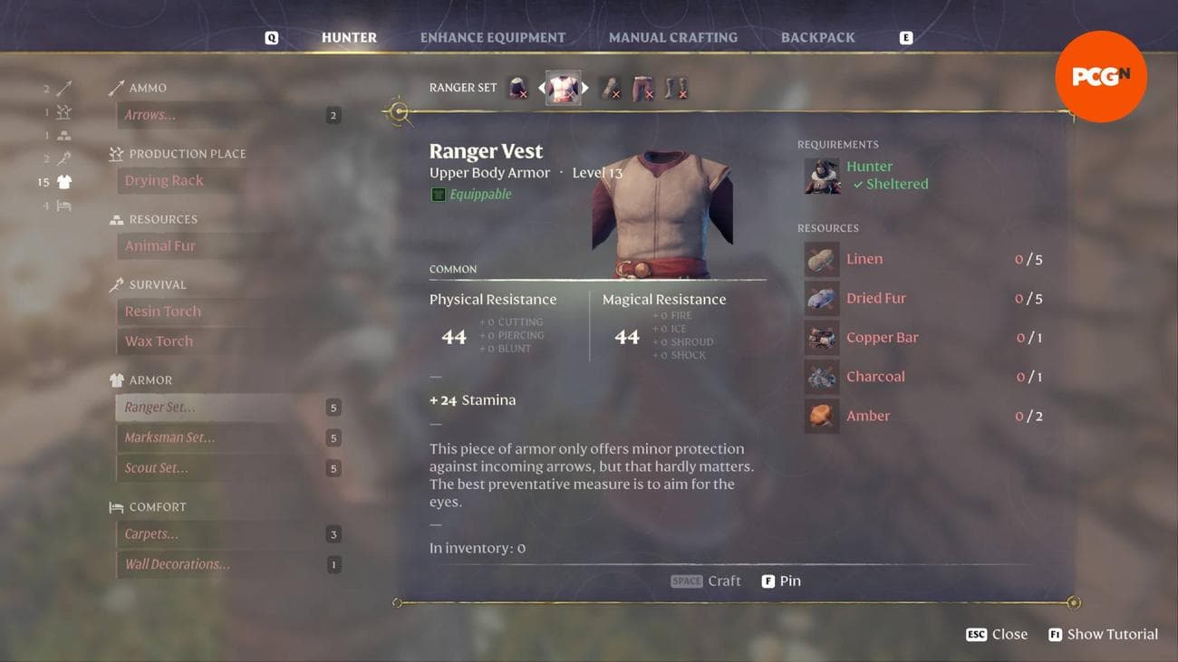 Το Ranger Armor στο μενού χειροτεχνίας στο Enshrouded.