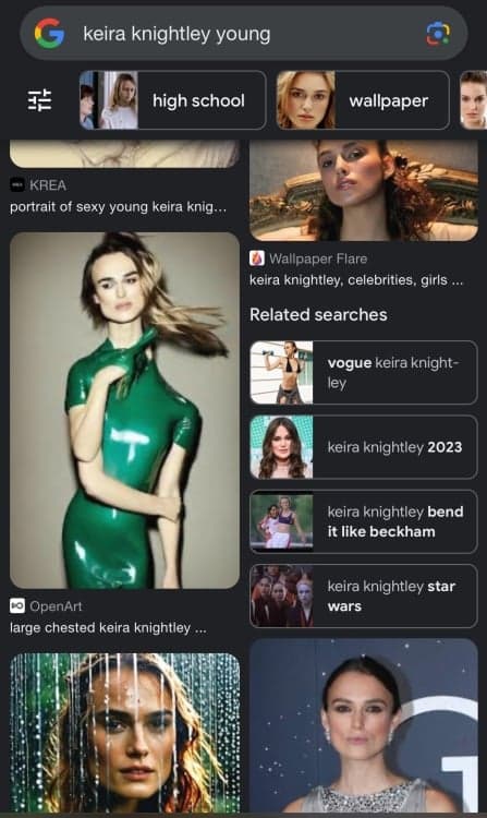 Αναζήτηση εικόνων στο google της Keira Knightley που δείχνει μια εικόνα της ηθοποιού που δημιουργήθηκε από AI