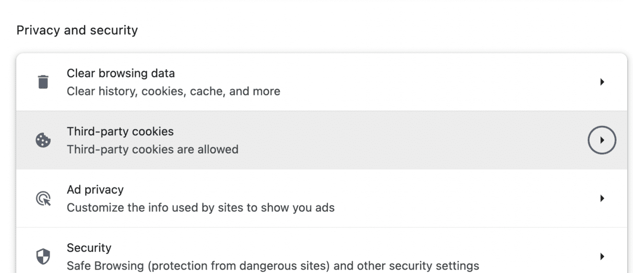 εύρεση της γραμμής μενού «Cookies τρίτων».