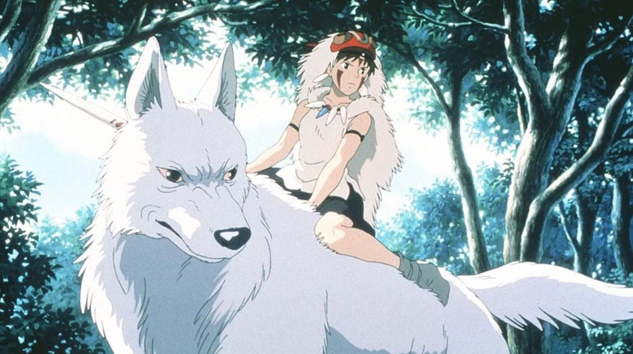 Princess Mononoke astride a wolf.