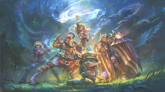 a league of legends team standing on a grassy knoll