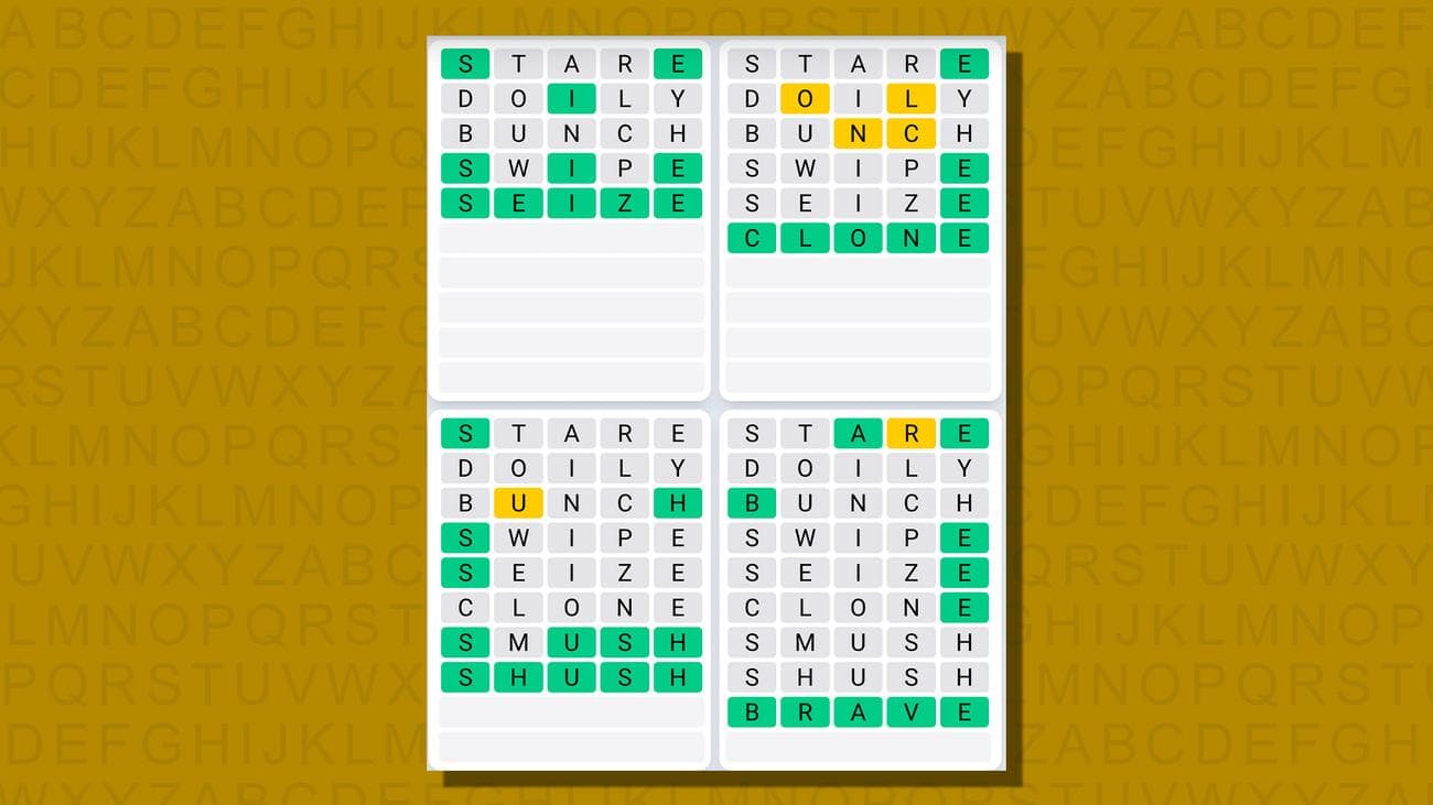 Quordle καθημερινές απαντήσεις ακολουθίας για το παιχνίδι 735 σε κίτρινο φόντο