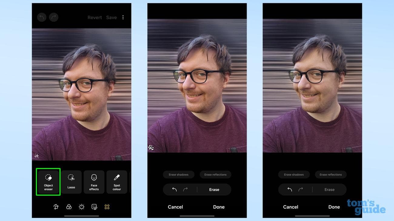 Χρησιμοποιώντας τη Γόμα αντικειμένων για να αφαιρέσετε το υδατογράφημα επεξεργασίας εικόνας AI του Galaxy S24