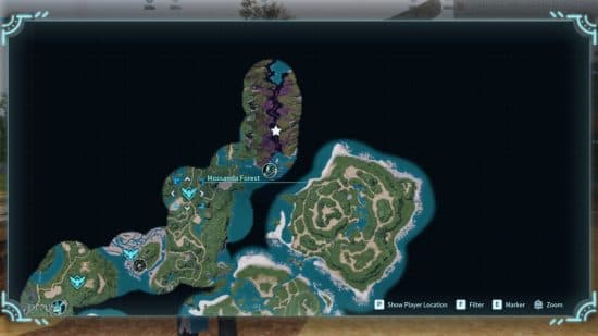 ένας χάρτης του palworld που δείχνει το σημείο γρήγορου ταξιδιού στο δάσος Mossanda